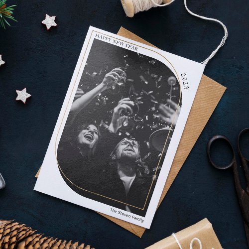 Modern gold new year overlay photo black white holiday card