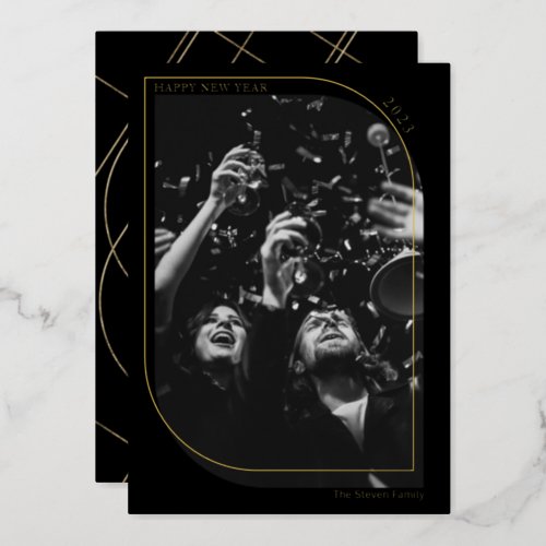 Modern gold new year overlay photo chic black foil holiday card