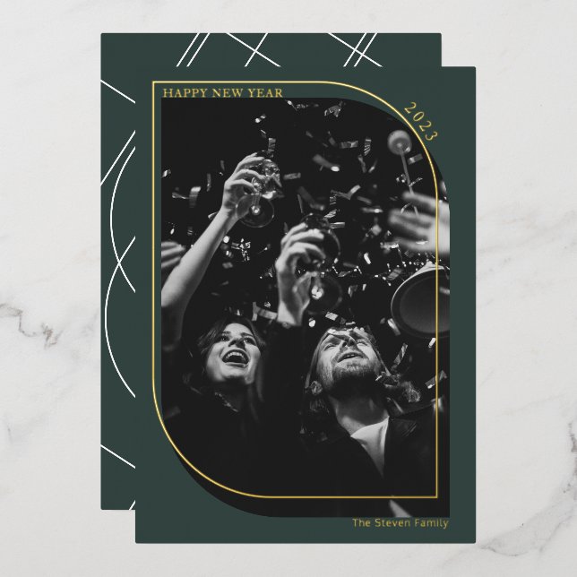 Modern gold new year overlay photo chic green foil holiday card (Front/Back)