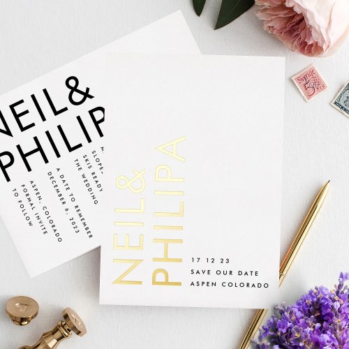 Modern Gold Non_Photo Bold Names Save The Date Foil Invitation