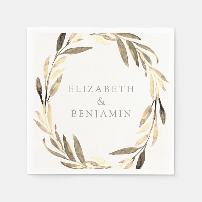 Modern Gold Olive Leaf Wreath Garden Wedding Paper Napkins (Front)