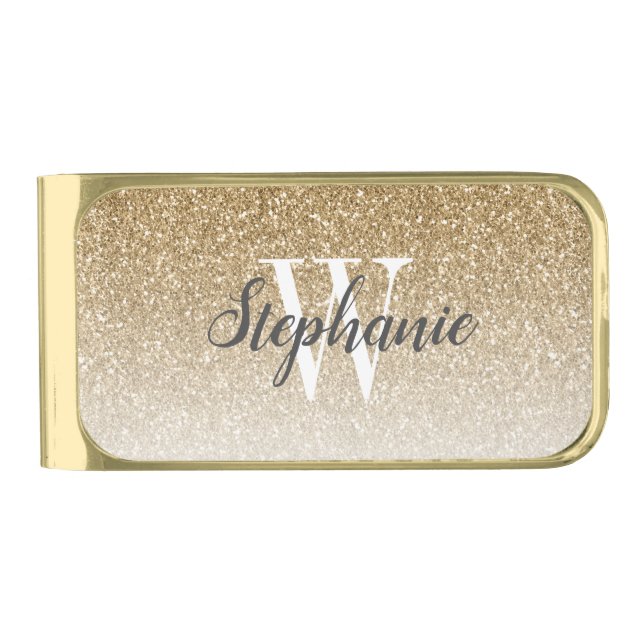 Modern Gold Ombre Faux Glitter Monogram Gold Finish Money Clip (Front)