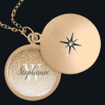 Modern Gold Ombre Faux Glitter Monogram Gold Plated Necklace<br><div class="desc">This chic locket necklace features a gold ombre faux glitter background. Customize it with your initial in white serif font and your name in dark gray handwriting-style brush script.</div>