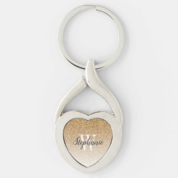 Modern Gold Ombre Faux Glitter Monogram Heart Keychain by ovenbirddesigns at Zazzle