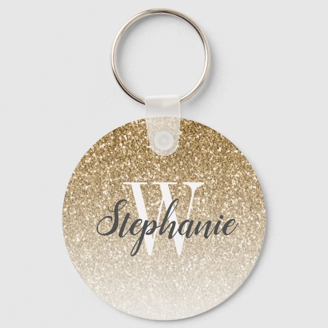 Modern Gold Ombre Faux Glitter Monogram Keychain (Front)