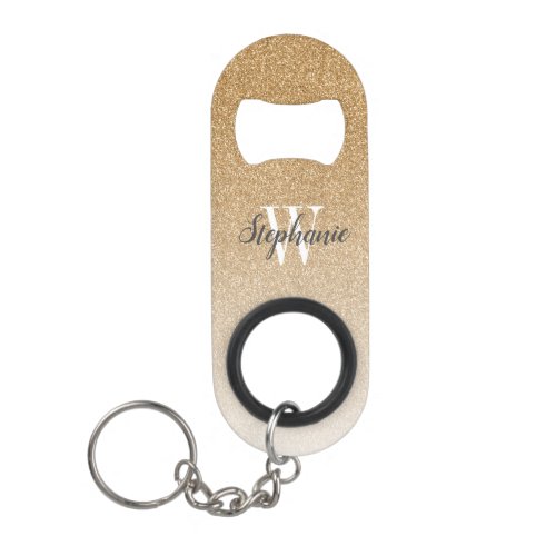 Modern Gold Ombre Faux Glitter Monogram Keychain Bottle Opener