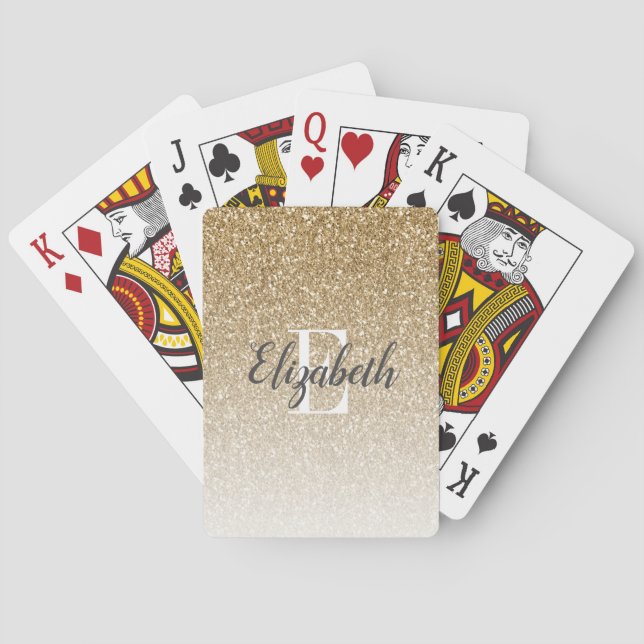Modern Gold Ombre Faux Glitter Monogram Poker Cards (Back)