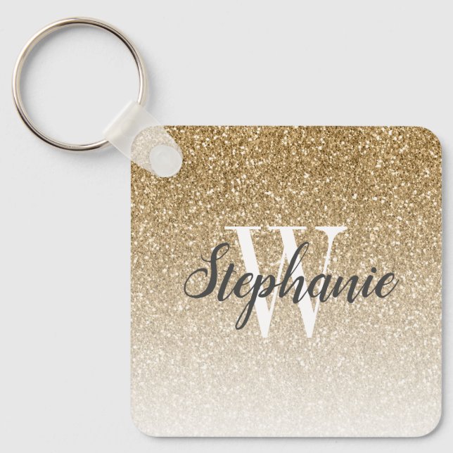 Modern Gold Ombre Faux Glitter Monogram Square Keychain (Front)