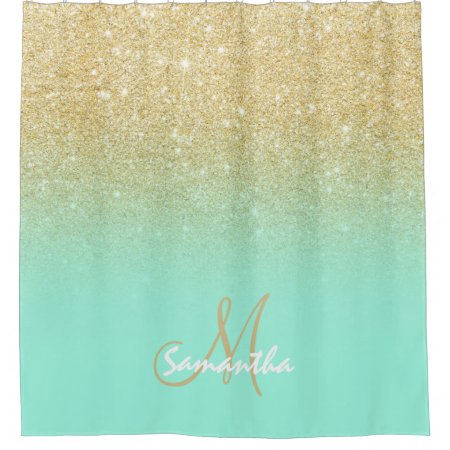 Modern Gold Ombre Mint Green Block Personalized Shower Curtain