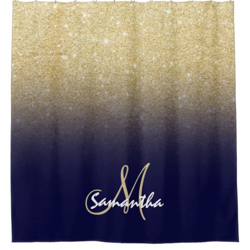 Modern gold ombre navy blue block monogram shower curtain