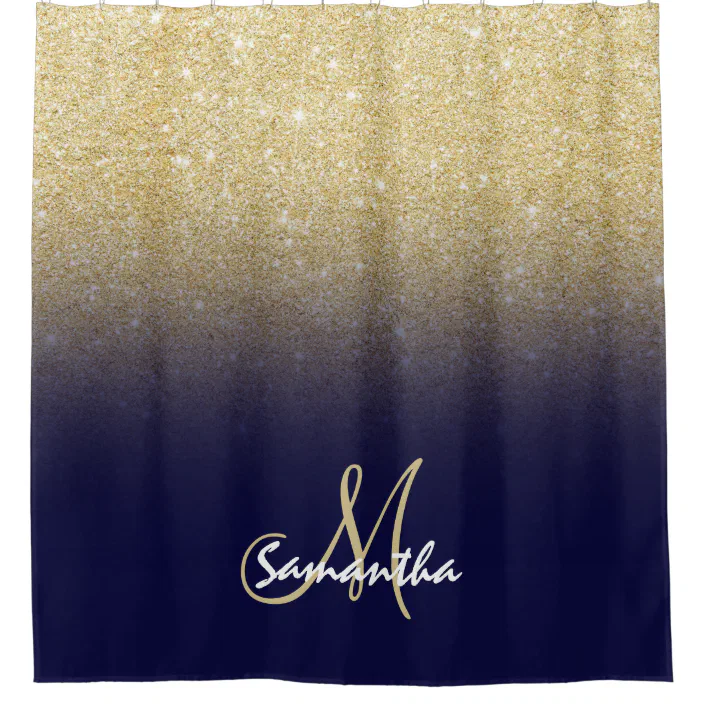 Modern Gold Ombre Navy Blue Block, Navy Blue And Gold Shower Curtain