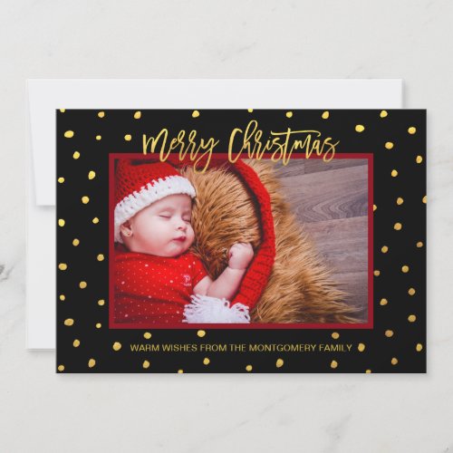 Modern Gold on Black Merry Christmas Custom Photo Holiday Card