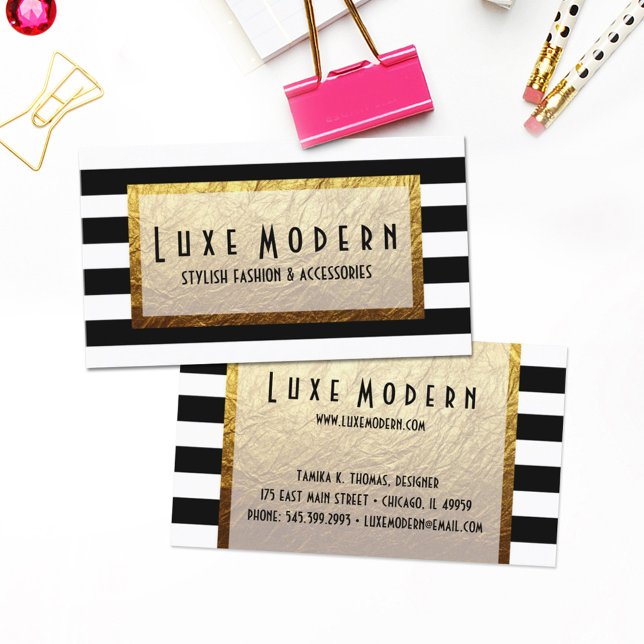 Modern Gold on Black White Stripe Luxury Boutique Business Card (Creator Uploaded)