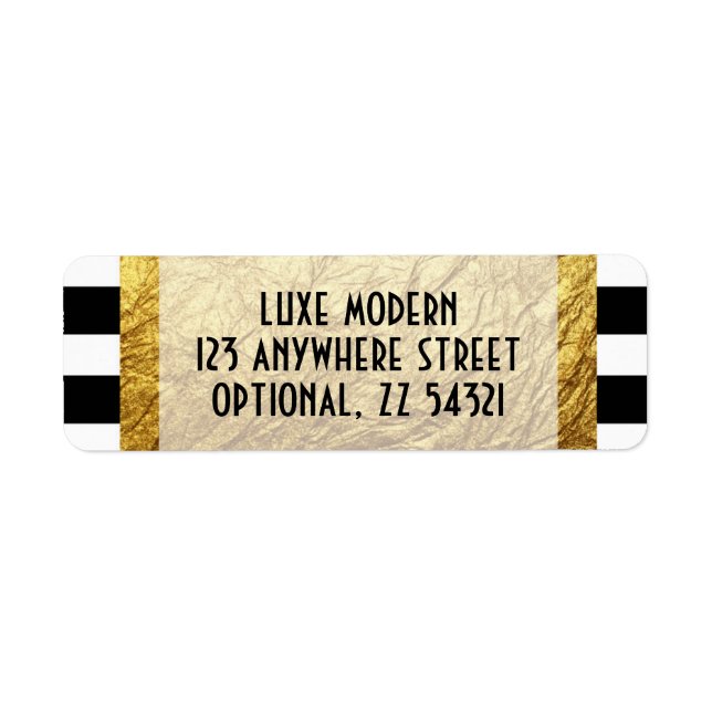Modern Gold on Black White Stripe Return Address Label (Front)