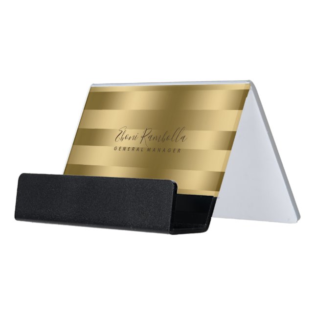 Modern Gold On Gold Stripes Pattern Desk Business Card Holder (Angled Front)