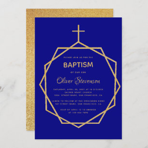 Modern Gold on Navy Blue Geometric Boy Baptism Invitation