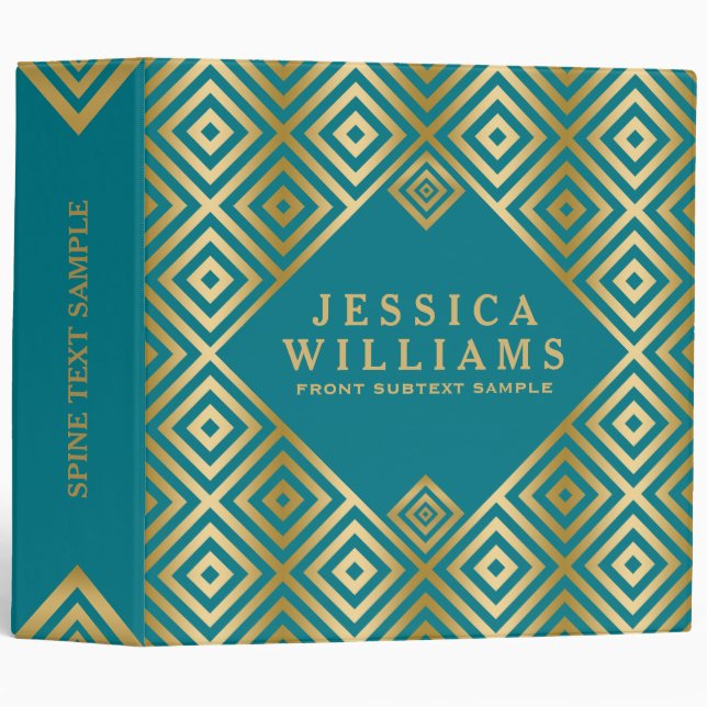 Modern Gold On Turquoise Geometric Pattern 3 Ring Binder (Front/Spine)