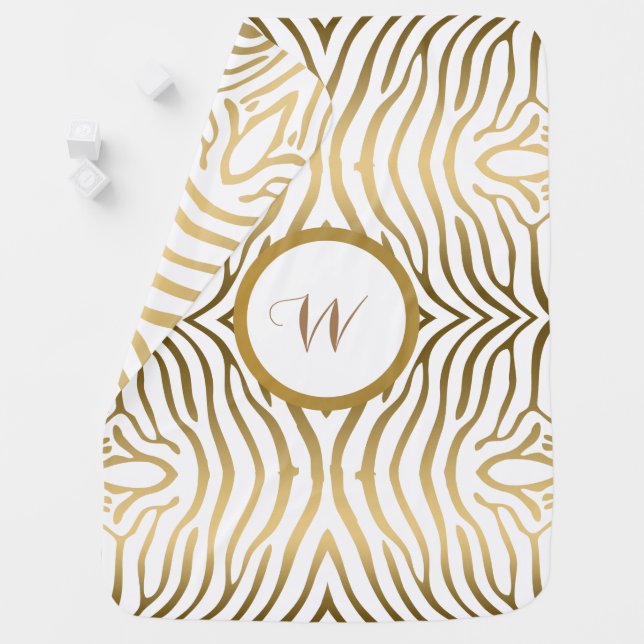 Modern Gold On White Zebra Stripes Stroller Blanket (In Situ)