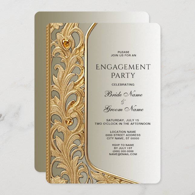Modern Gold Ornate Engagement Invitation (Front/Back)
