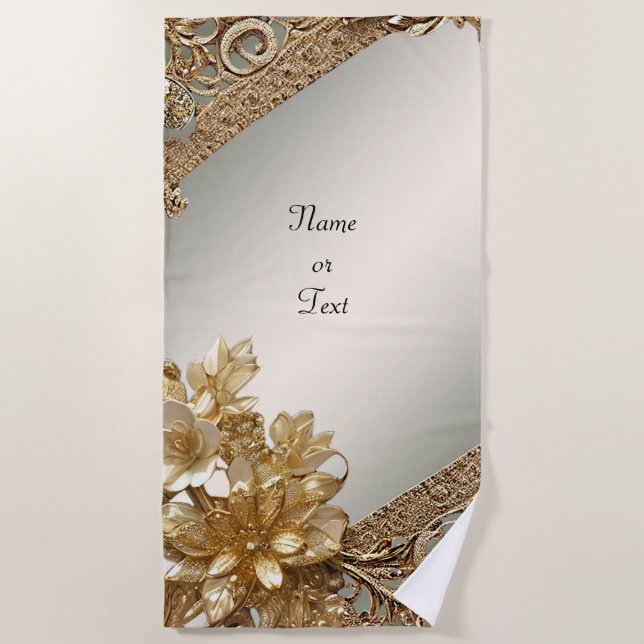 Modern Gold Ornate Floral Beach Towel (Front)