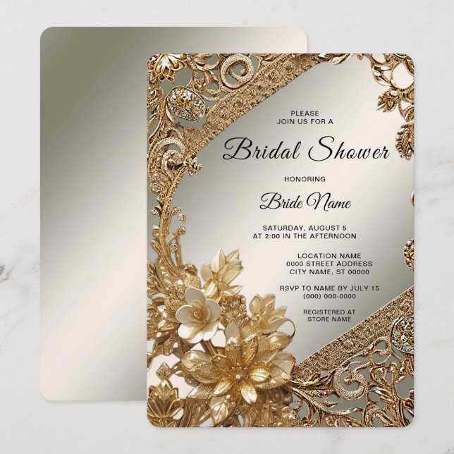 Modern Gold Ornate Floral Bridal Shower Invitation (Front/Back)
