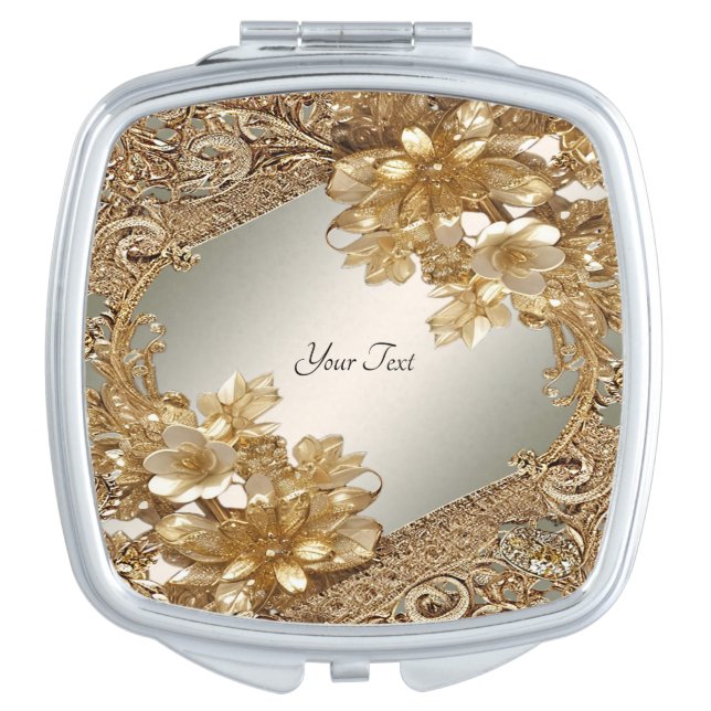Modern Gold Ornate Floral Compact Mirror (Front)