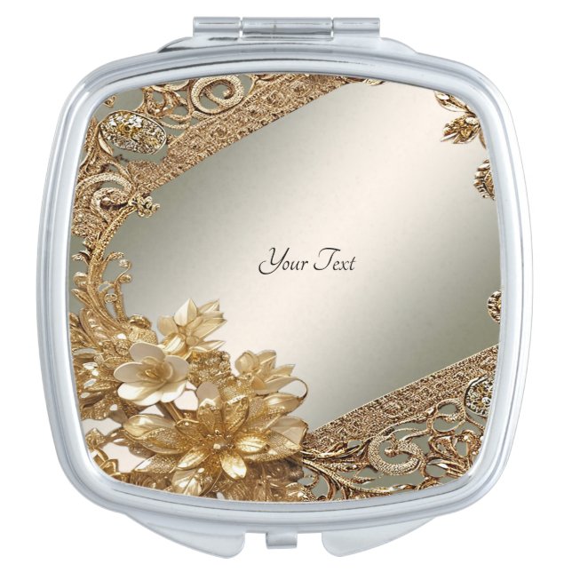 Modern Gold Ornate Floral Compact Mirror (Front)