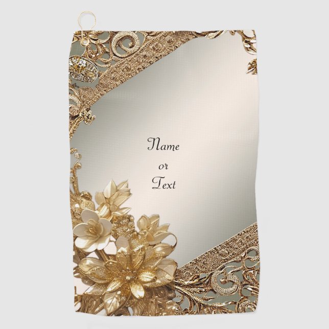 Modern Gold Ornate Floral Golf Towel (Front)