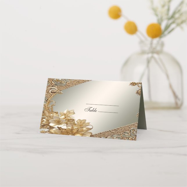 Modern Gold Ornate Floral Place Card (Front)