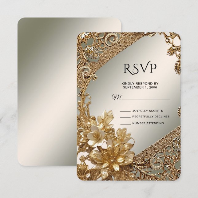 Modern Gold Ornate Floral RSVP Card (Front/Back)