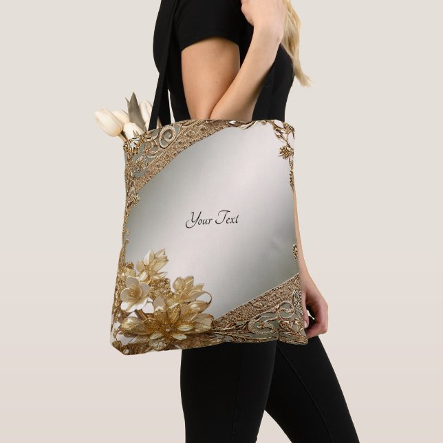 Modern Gold Ornate Floral Tote Bag (Close Up)