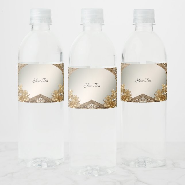 Modern Gold Ornate Floral Water Bottle Label (Bottles)
