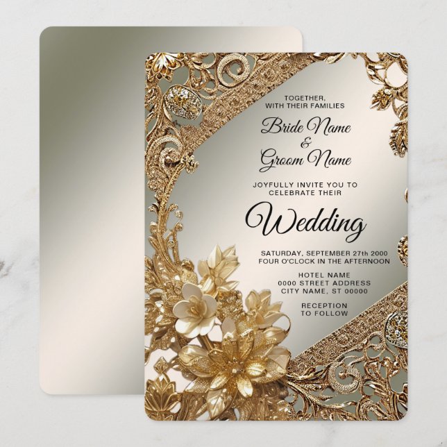 Modern Gold Ornate Floral Wedding Invitation (Front/Back)