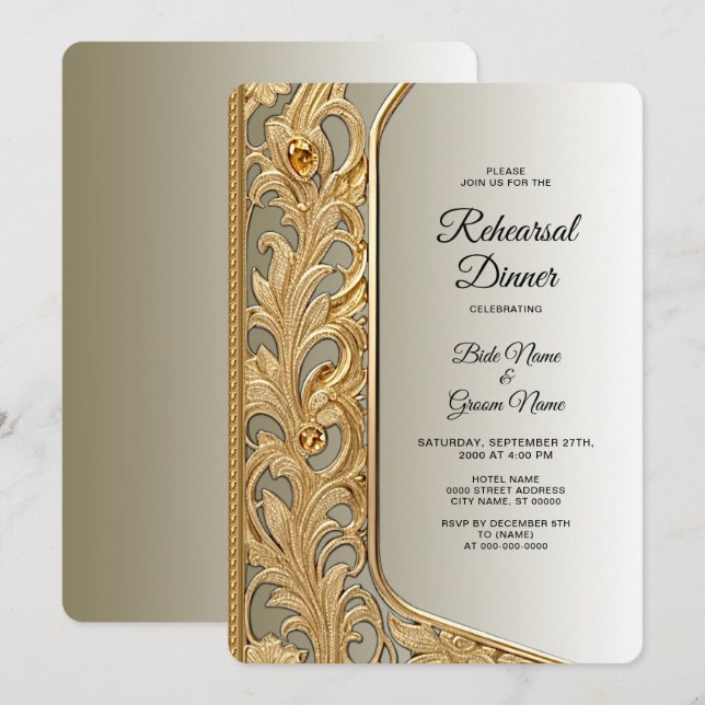 Modern Gold Ornate Rehearsal Dinner Invitation (Front/Back)