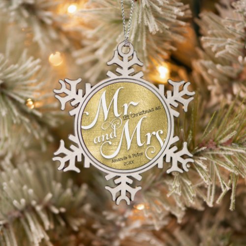 Modern gold our first Christmas Newlywed photo  Ce Snowflake Pewter Christmas Ornament