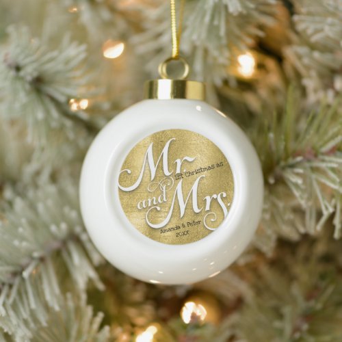 Modern gold our first Christmas Newlywed photo  Ceramic Ball Christmas Ornament