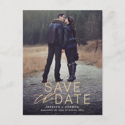 Modern Gold Overlay Full Photo Save the Date Postcard