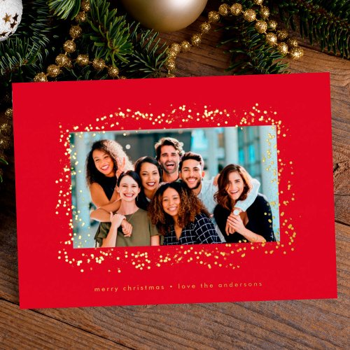 modern gold paint red christmas photo frame foil holiday card