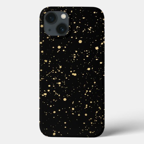 Modern Gold Paint Splatter Pattern on Black iPhone 13 Case