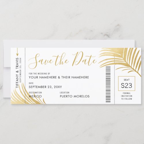 Modern Gold Palm Leaf Boarding Pass Save the Date Announcement