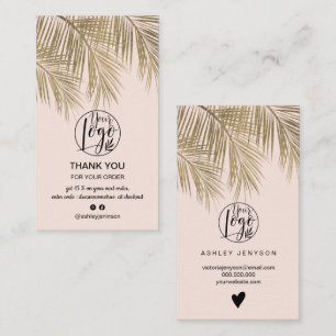 Modern gold palm leaf  pink logo order thank you business card