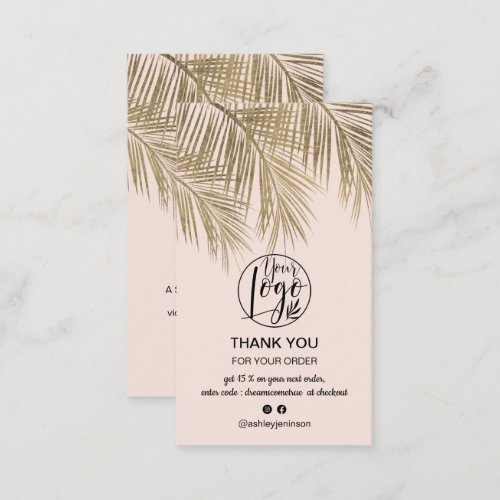 Modern gold palm leaf  pink logo order thank you business card
