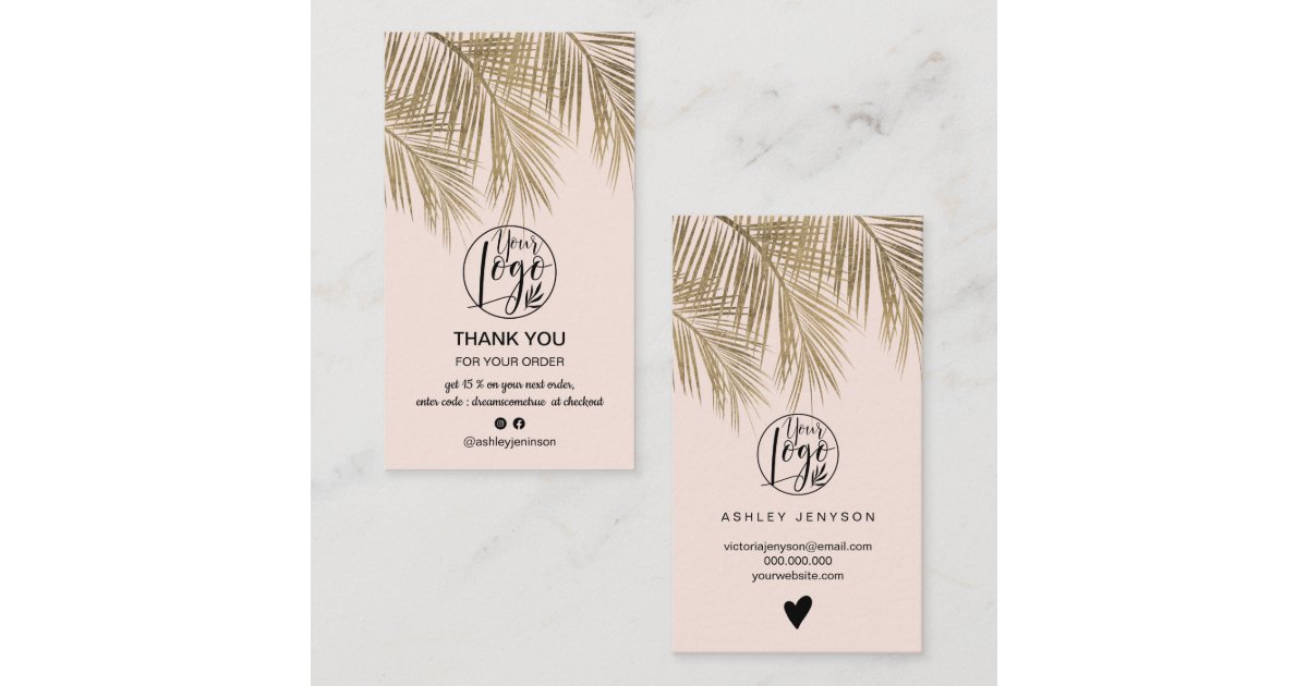 Modern gold palm leaf pink logo order thank you business card | Zazzle