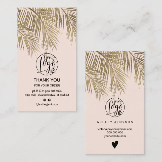 Modern gold palm leaf pink logo order thank you business card | Zazzle