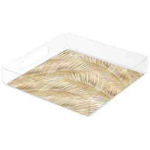 Modern Gold Palm Leaf Tropical Pattern Acrylic Tray