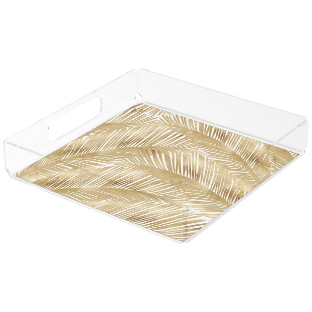 Modern Gold Palm Leaf Tropical Pattern Acrylic Tray (Angled)