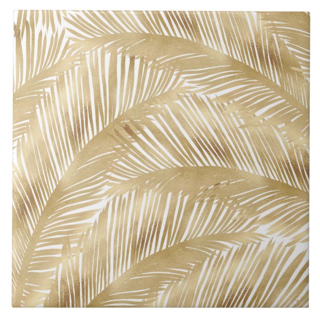 Modern Gold Palm Leaf Tropical Pattern Ceramic Tile (Front)