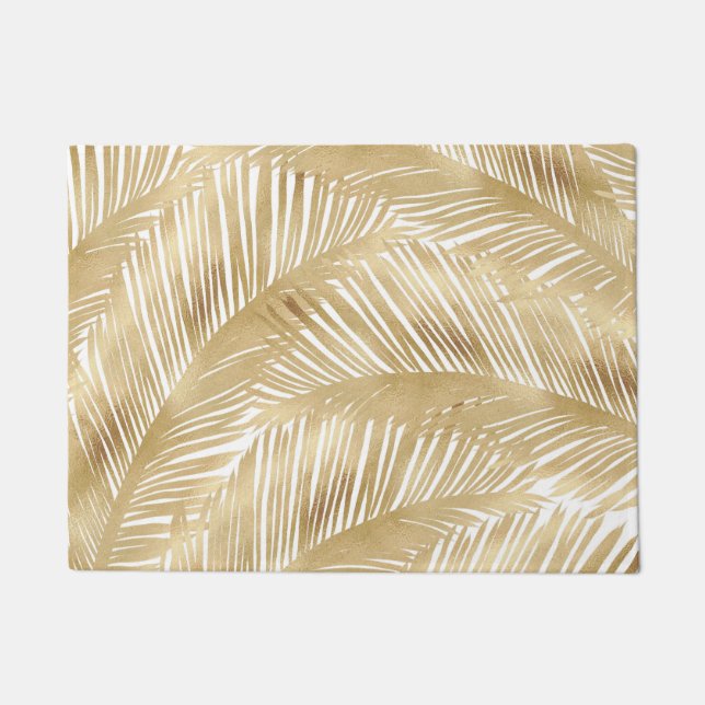 Modern Gold Palm Leaf Tropical Pattern Doormat (Front)