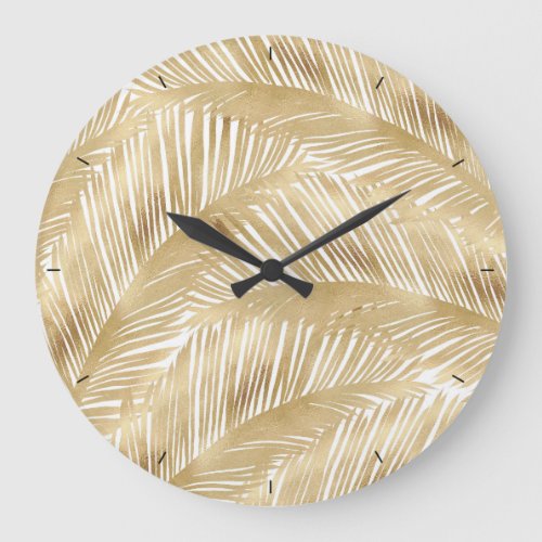 Modern Gold Palm Leaf Tropical Pattern Large Clock