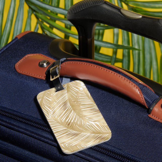 Modern Gold Palm Leaf Tropical Pattern Luggage Tag (Front Insitu 1)
